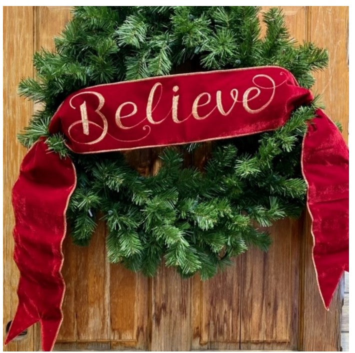 6"x 70" Velvet Embroidery "Believe" banner- Red