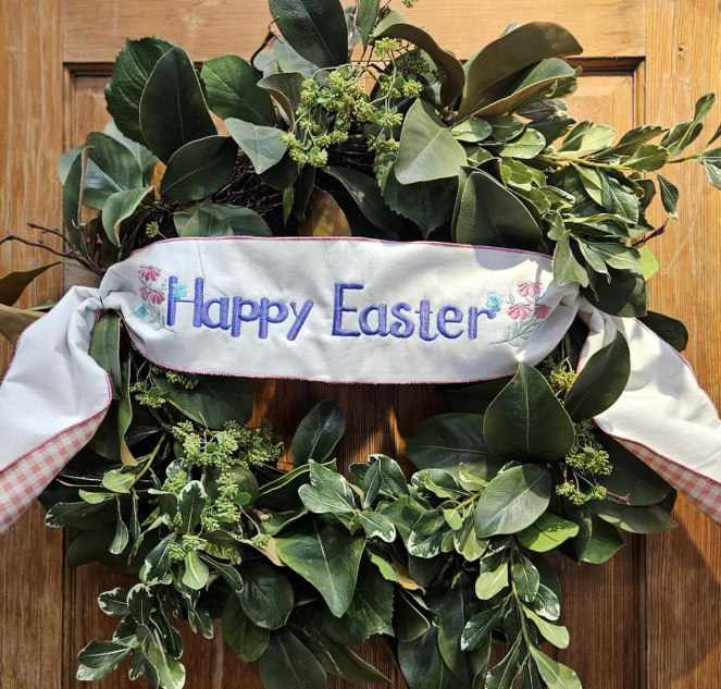 6" x 56" Canvas "Happy Easter" check backing banner, ivory