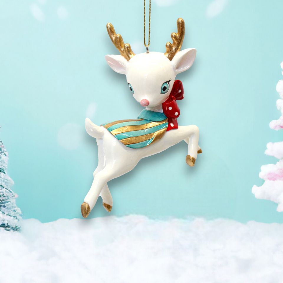 6" White Retro Deer Ornament