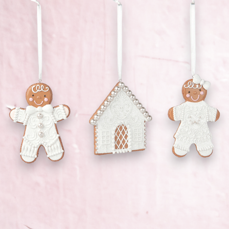 Set of 3 White GIngerbead Boy, Girl and House Ornaments