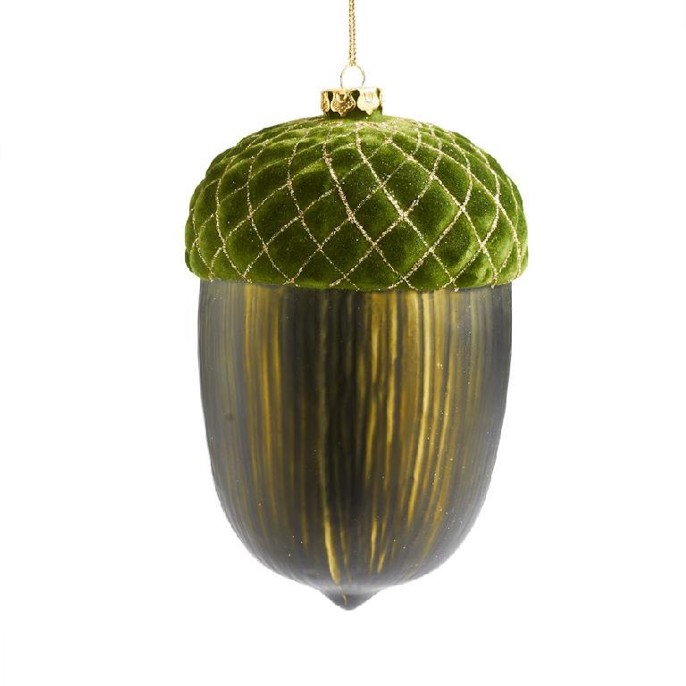 6" Green Glass Acorn Ornament with Quilted Velvet