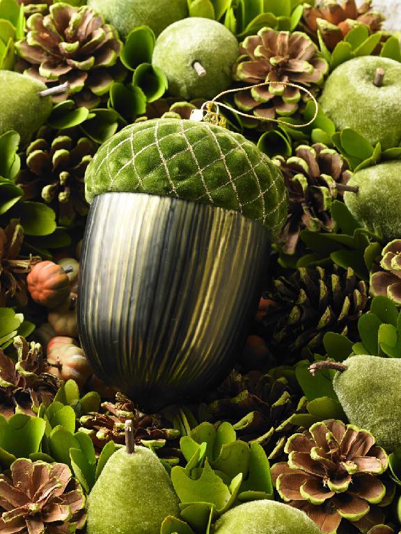 6" Green Glass Acorn Ornament with Quilted Velvet