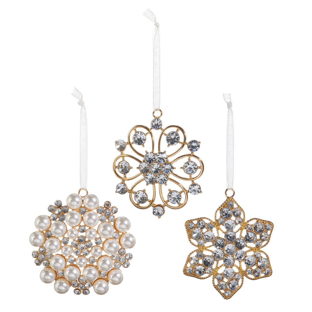3.5" Jeweled Brooch Ornament - Set of 3