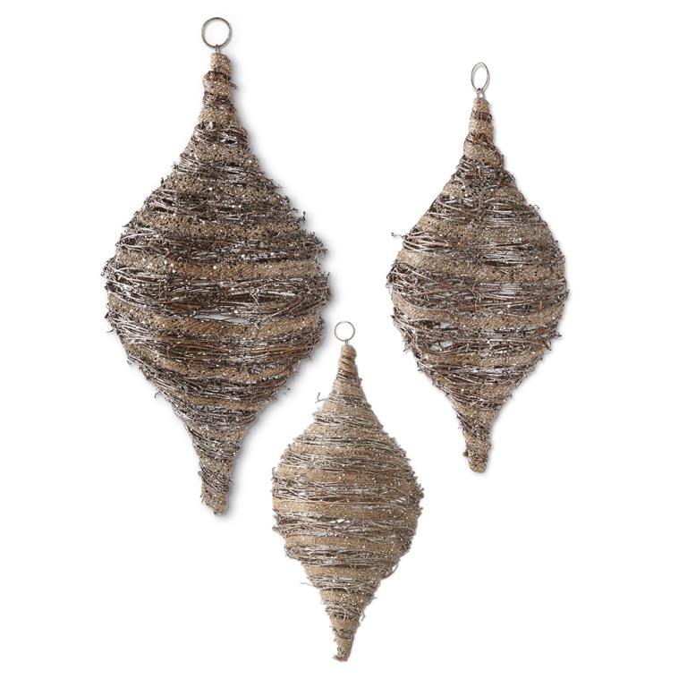 Set of 3 Glittered Rattan and Sisal Teardrop Ornaments