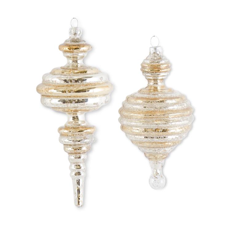 Gold and Silver Glass Striped Finial Ornaments - Set of 2