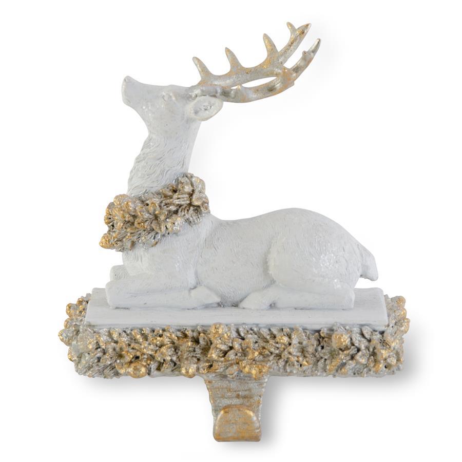 8" White and Gold Glittered Sitting Reindeer Stocking Holder