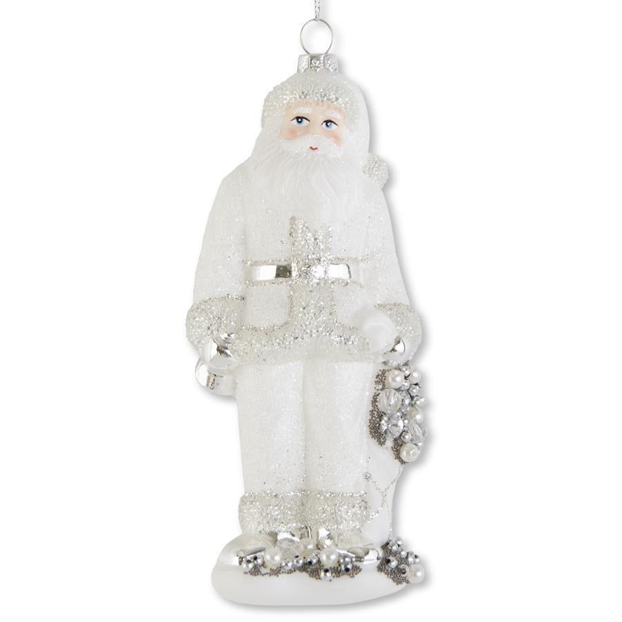 7" White and Silver Glass Santa Ornament
