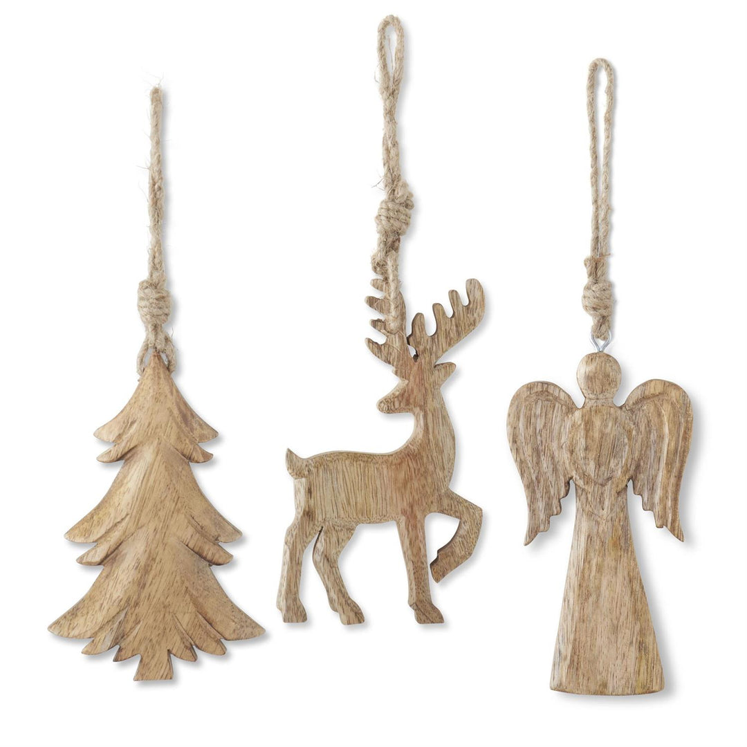 6" Mango Wood Holiday Ornaments with Jute Hangers- Set of 3