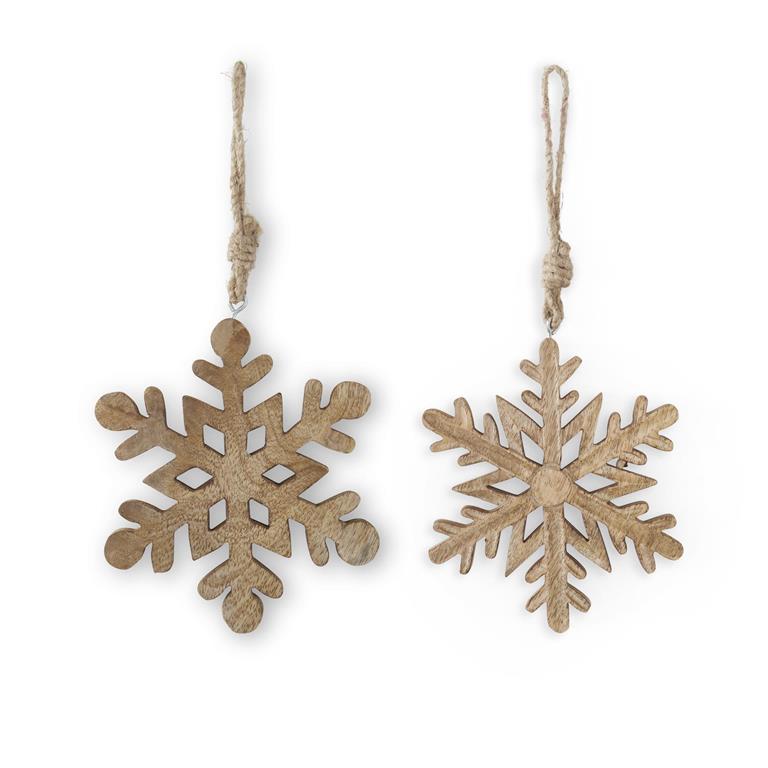 6" Mango Wood Snowflake Ornament with Jute Hangers - Set of 2