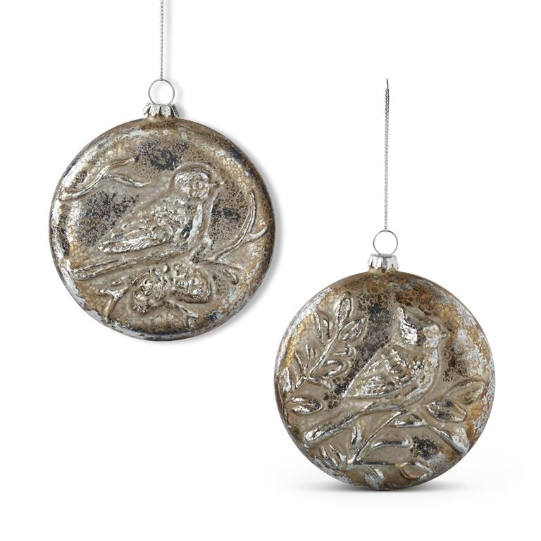 4.5" Silver Mercury Glass Embossed Ornaments - Set of 2