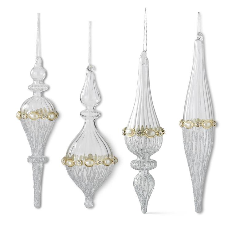 Ribbed Clear Glass & Silver Glitter Ornaments with Rhinestones - Set of 4