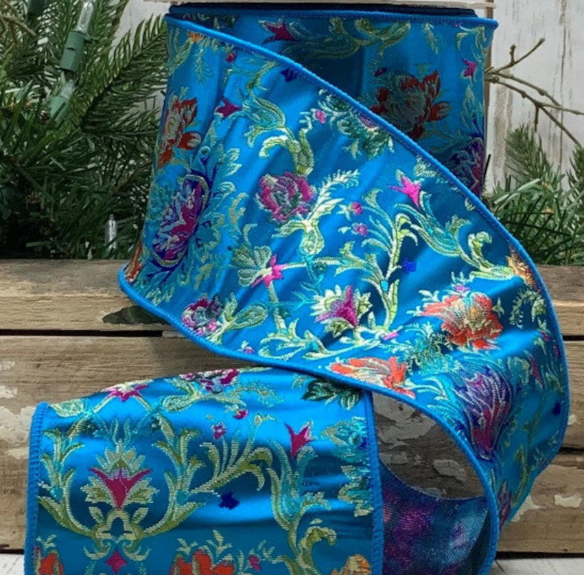 4" X 10yds jacquard acanthus floral, Royal Blue