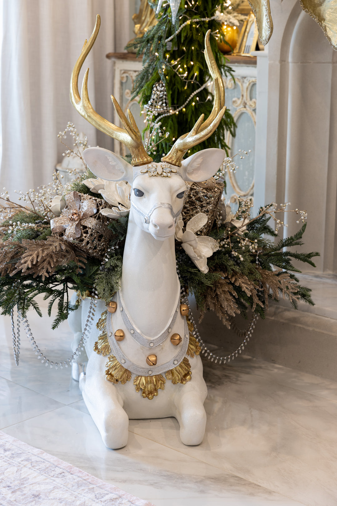 45" White Glittered Resin Ornate Jeweled Deer Decor
