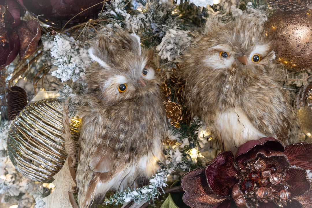 11" Furry  Owl in Brown and Cream - Set of 2