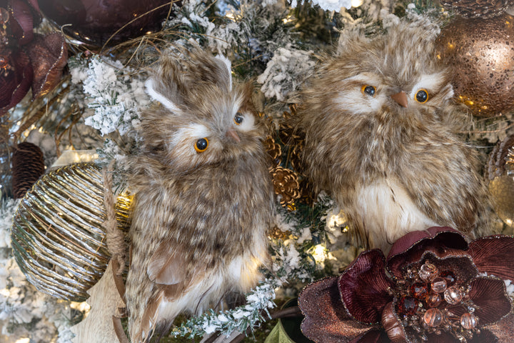 11" Furry  Owl in Brown and Cream - Set of 2