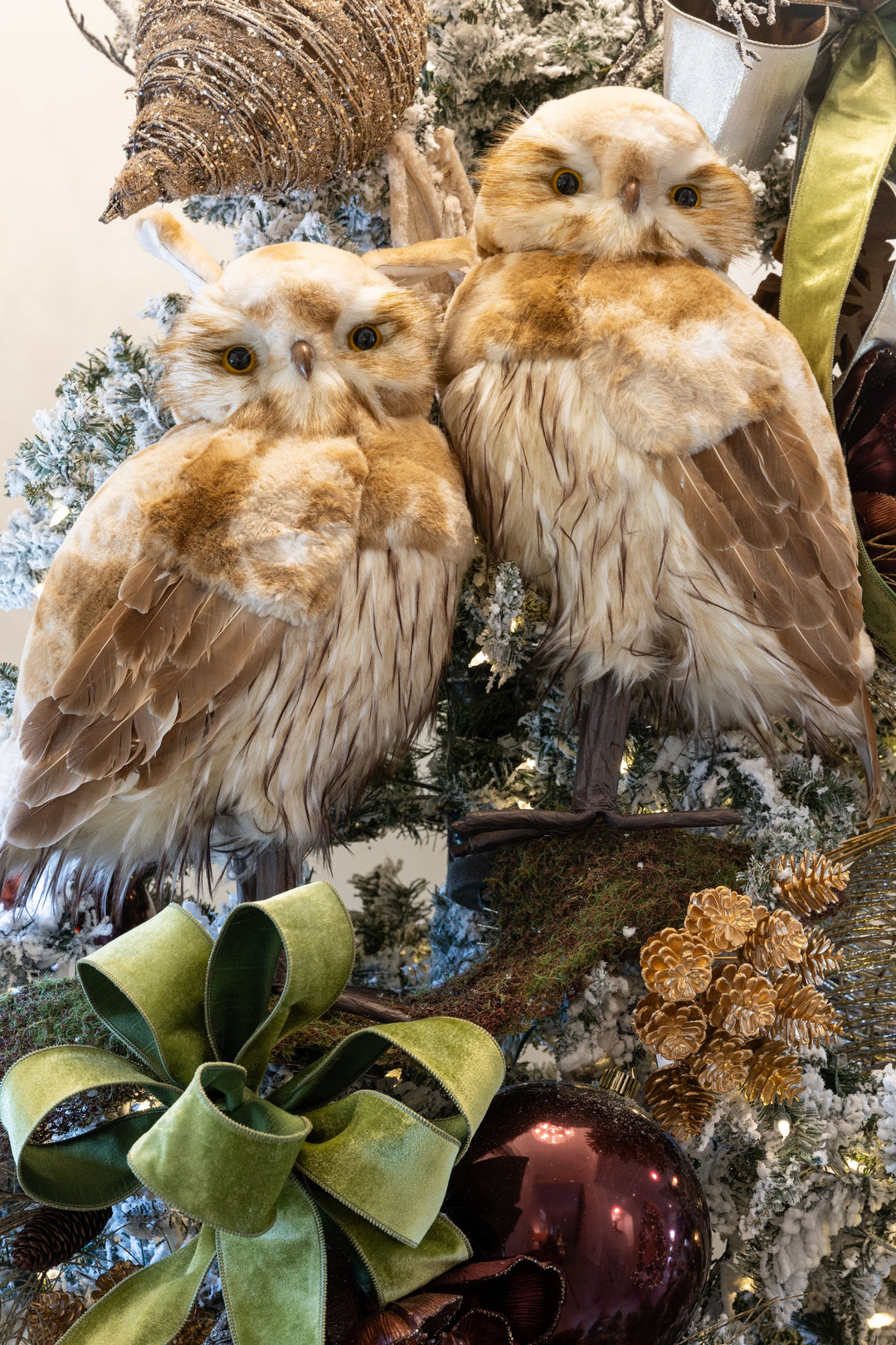 20" Furry Two Tone Owl in Brown and Cream - Set of 2