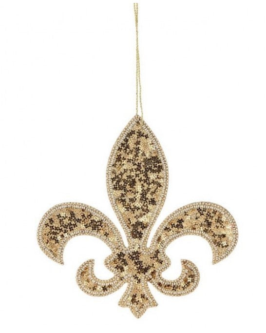 7" Jeweled with Glitter Fleur De Lis Ornament - Gold