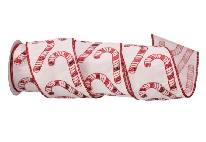 4"X5Y Sequin Embroidered Candy Cane Ribbon - Red and White
