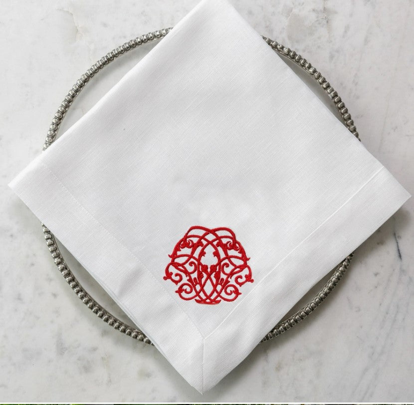 Baroque Linen Large Napkin - White with Red Embroidery