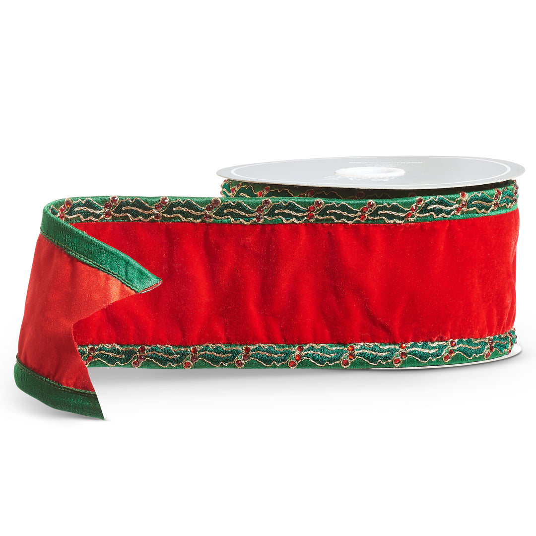 RAZ 4" x 10 YDS Red Velvet Ribbon with Holly Trim