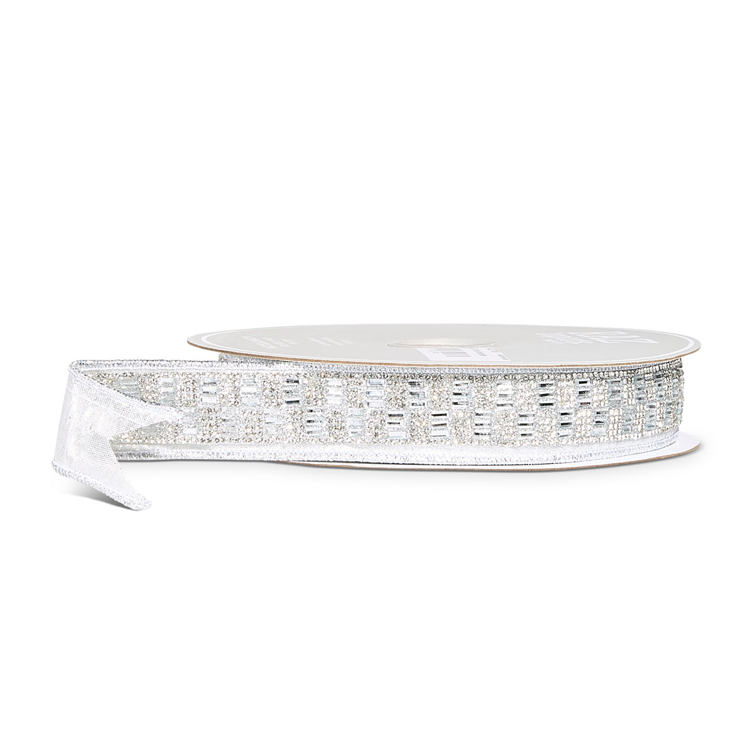 RAZ 1.5" x 5 YDS Silver Jeweled Wired Ribbon