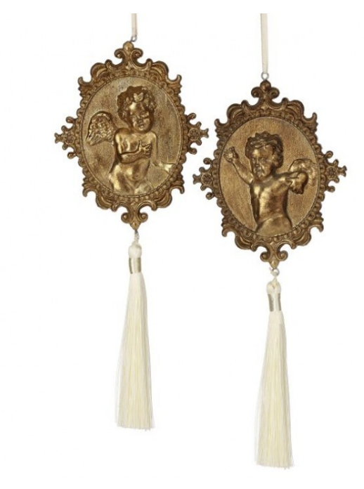 10" Resin Cherub Disk Ornament with Tassel - Set of 2 - Gold
