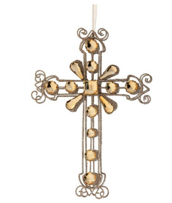 12" Glitter Wire Jeweled Cross Ornament - Champagne