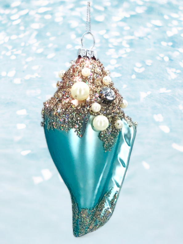 Blue Shell Ornament with Pearls