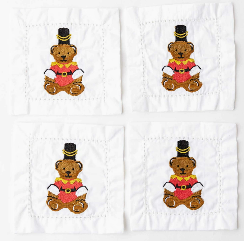 Teddy Bear Embroidered Cocktail Napkin Boxed Set of 4