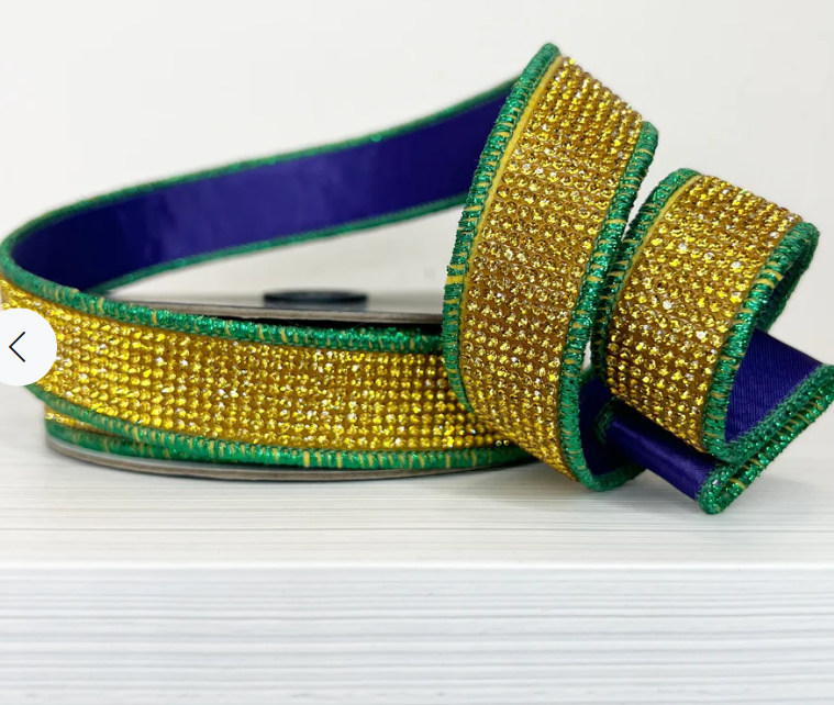 1" x 5YDS Gold Bling and Purple Backing with Green Piping Wired Ribbon by Nancy Brown