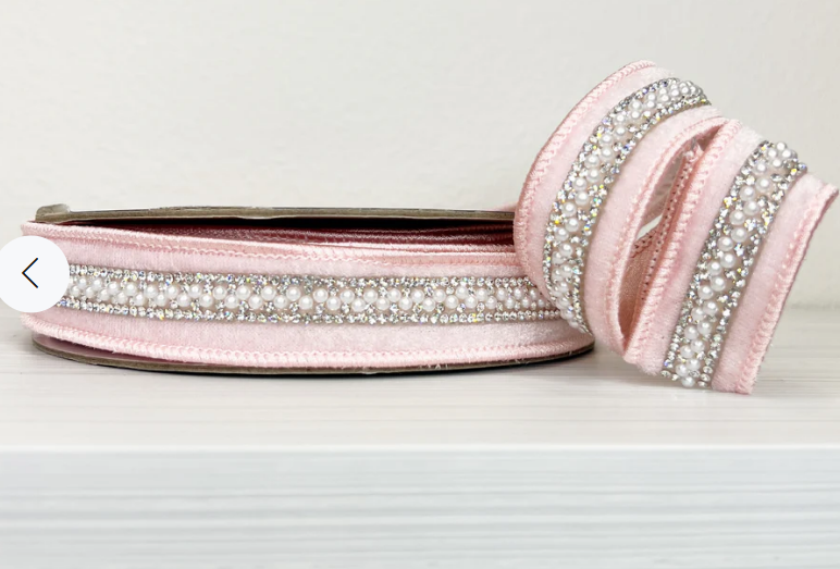 1" x 5YDS Pink Velvet with Pearl and Bling Lux Trim  Wired Ribbon