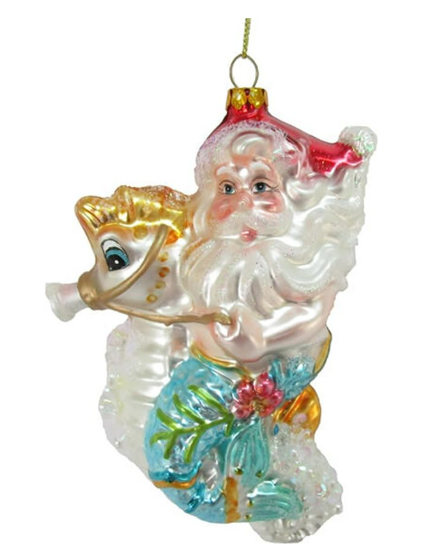 5.75" Santa Merman Blown Glass Ornament Riding a Seahorse Embellished