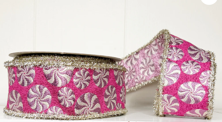 2.5" x 10 YDS A Sweet Pink Peppermint Jacquard Ribbon with SIlver Tinsel Edging