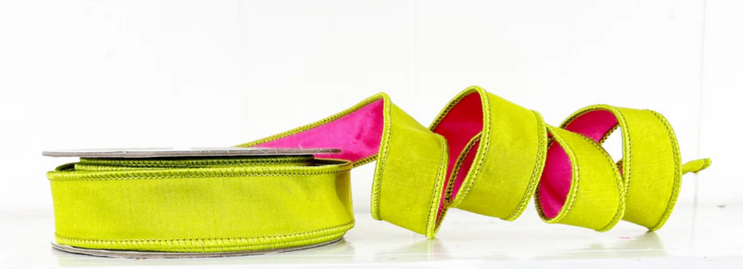 1" x 10 YDS Lime Green and Hot Pink Wired Velvet Ribbon