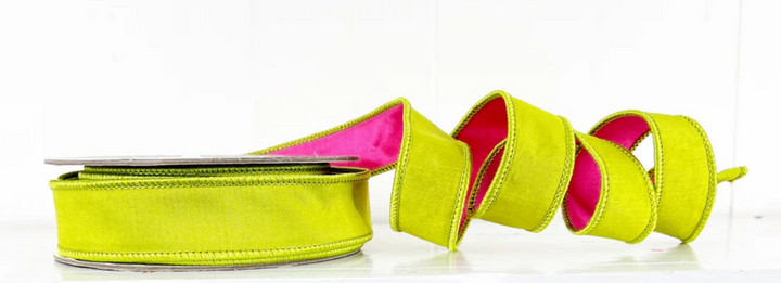 1" x 10 YDS Lime Green and Hot Pink Wired Velvet Ribbon