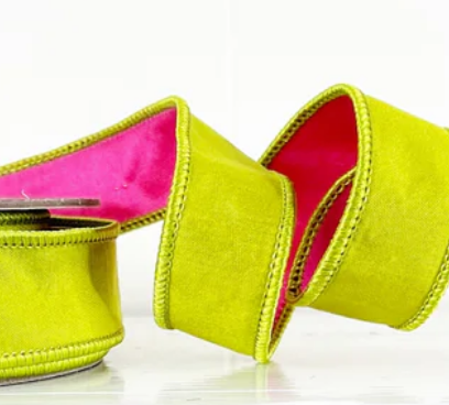 1" x 10 YDS Lime Green and Hot Pink Wired Velvet Ribbon