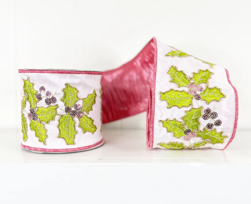4" x 5 YDS Pink Holly Leaves Embroidered Dupioni Double Sided Wired Ribbon