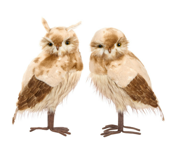 20" Furry Two Tone Owl in Brown and Cream - Set of 2