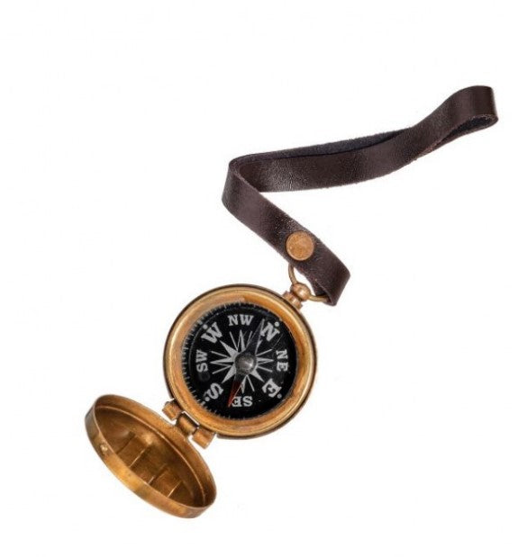 6" Glass and Brass Compass with Leather Strap Ornament