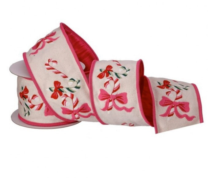 4" x 5 Yards Candy Cane with Bow Embrodiered - Wool Felt Ribbon