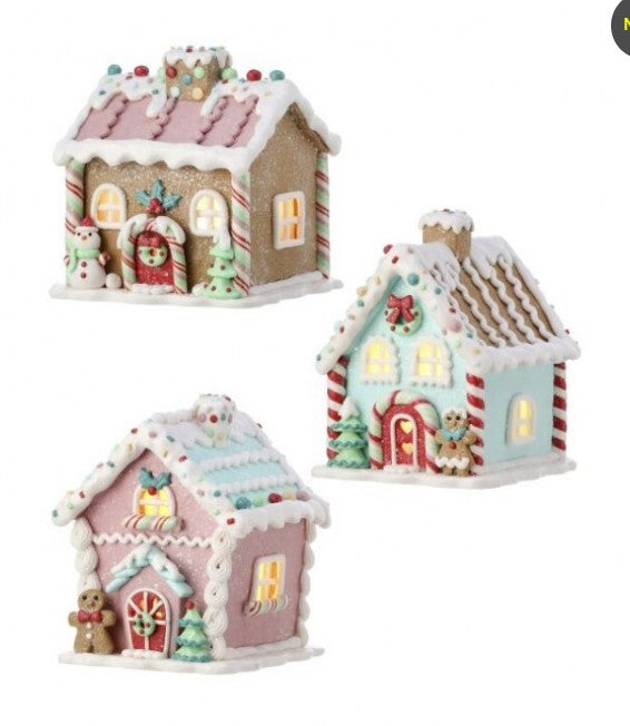 5" Pastel Gingerbread House with LED and Battery Timer - Choice of 3 Styles