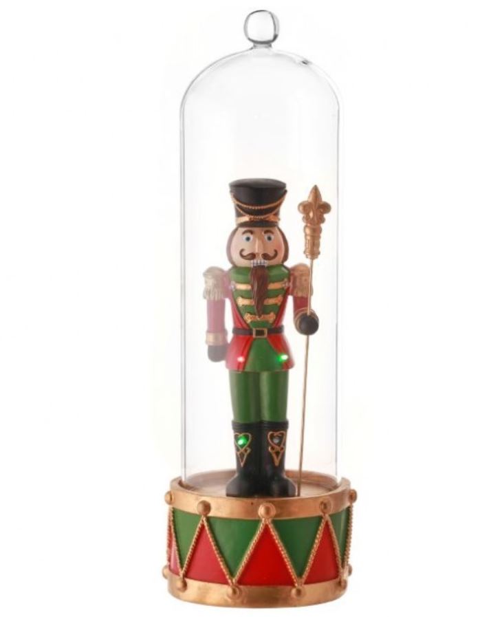 16" Resin LED Battery Timer Nutcracker in Glass Cloche - Red and Green