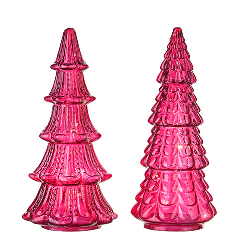 11.75" Pink Clear Glass Lighted Tree - Set of 2
