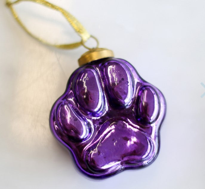 2.5" Tiger Paw Glass Ornament - Purple or Gold