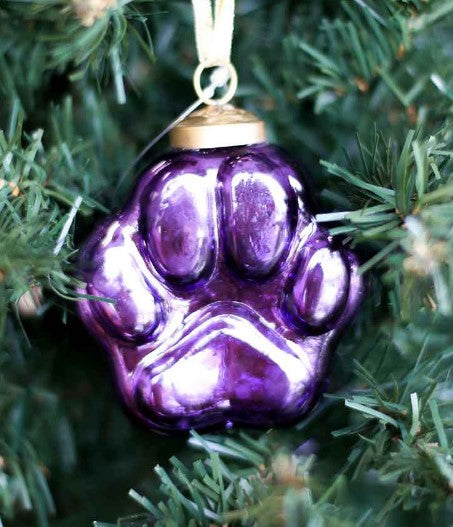 2.5" Tiger Paw Glass Ornament - Purple or Gold