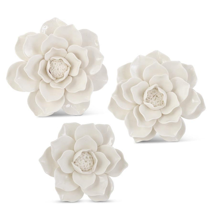 Handcrafted Glossy White Wall Hanging Ceramic Flowers - Set of 3