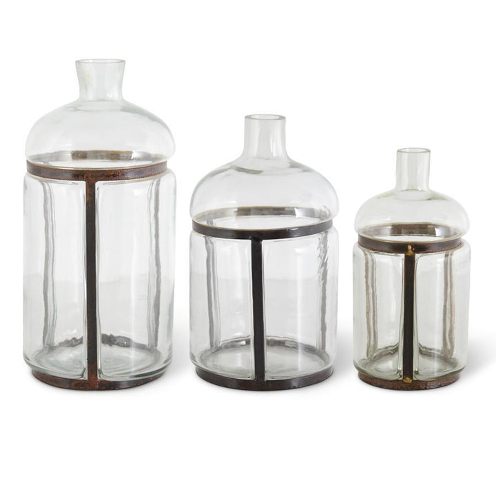 Clear Blown Glass Bottles in Metal Frames - Set of 3