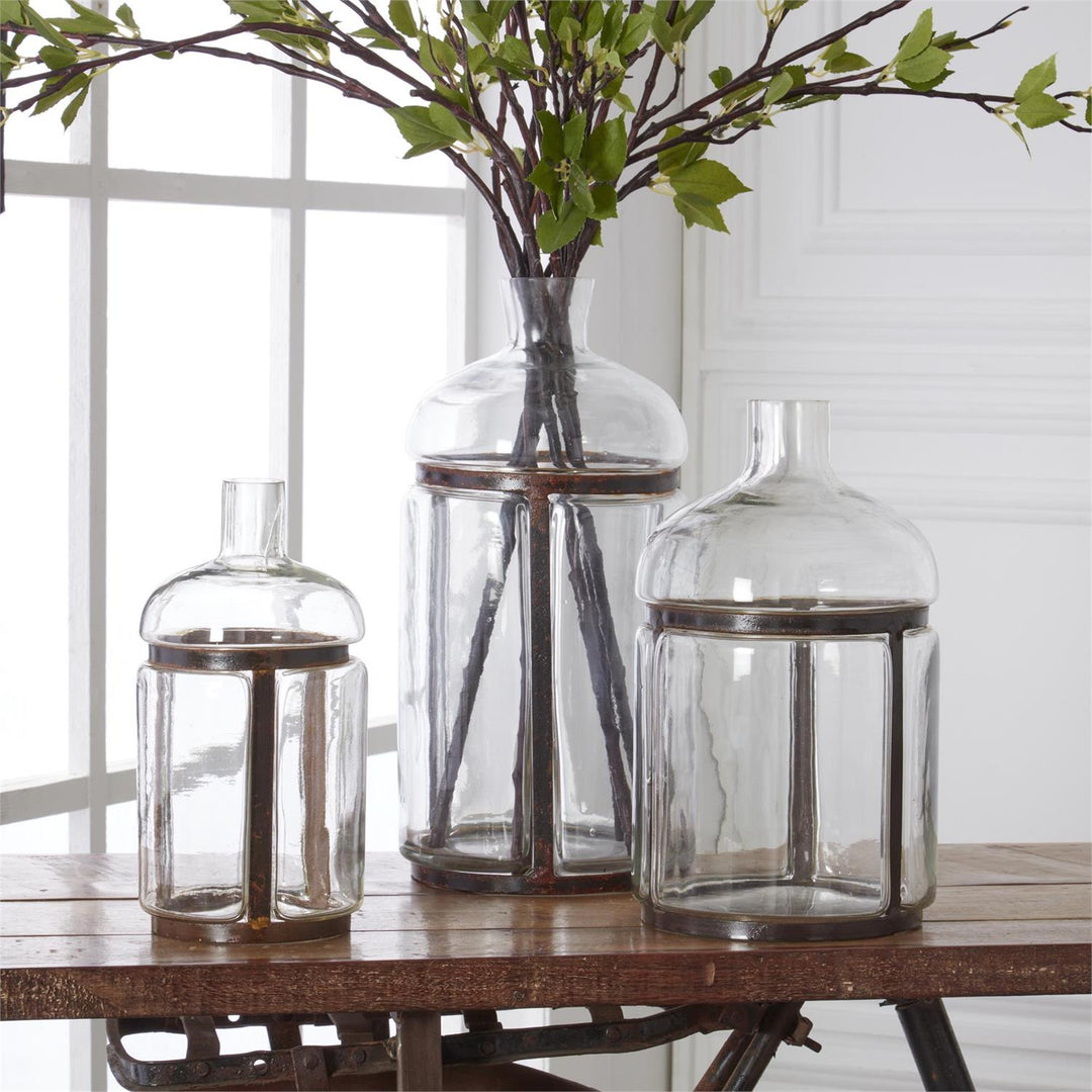 Clear Blown Glass Bottles in Metal Frames - Set of 3