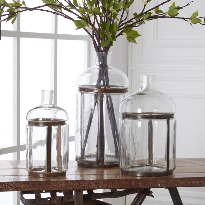Clear Blown Glass Bottles in Metal Frames - Set of 3