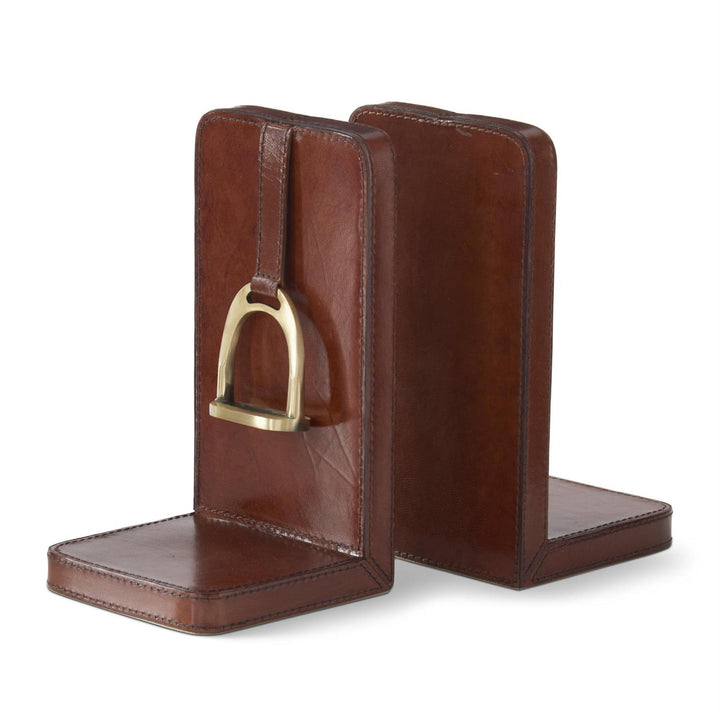 9.5 Inch Brown Leather Stirrup Detail Bookends - Set of 2